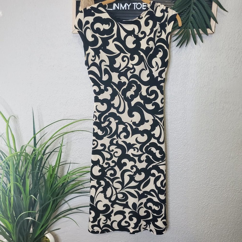 Enfocus Studio I Cream/Black Vine Patterned A-Line Scoop Neck Ruched Dre… - Picture 6 of 14
